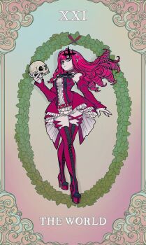 1girl absurdres baobhan_sith_(fate) baobhan_sith_(first_ascension)_(fate) boots breasts card detached_sleeves dress fate/grand_order fate_(series) frilled_dress frills full_body grey_eyes hair_ornament high_heel_boots high_heels highres holding holding_skull long_hair pink_hair platform_heels pointy_ears red_dress sidelocks skull solo tarot tarot_card the_world_(tarot) thigh_boots whitedogstudios