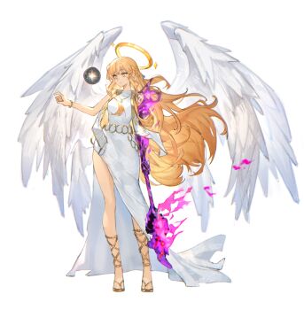 1girl absurdres angel angel_wings ankle_lace-up bead_bracelet beads blonde_hair bracelet braid breasts clerical_collar commentary commission dress feathered_wings fire floating_hair full_body gold_bracelet gold_necklace gold_sandals half_up_braid halo highres holding jewelry long_dress long_hair lucadark_art medium_breasts necklace original oversized_wings parted_lips prosthesis prosthetic_arm purple_fire sandals side_slit sidelocks simple_background sleeveless sleeveless_dress solo standing very_long_hair wavy_hair white_background white_dress white_wings wings yellow_eyes