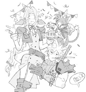 Rule 34 | 1boy, 1girl, 1other, aerith gainsborough, armor, bandaged arm, bandages, bangle, birthday cake, blush, boots, bracelet, braid, braided ponytail, buster sword, buttons, cait sith (final fantasy), cake, camera, camera flash, cape, carrying, cat, center opening, choker, closed eyes, cloud strife, cropped jacket, dress, eating, feet out of frame, final fantasy, final fantasy vii, food, gloves, greyscale, hair between eyes, hair ribbon, hat, highres, holding, holding cake, holding food, instrument, jaysoysaucee, jewelry, kazoo, long dress, long hair, monochrome, parted bangs, party hat, pauldrons, pennant, puffy short sleeves, puffy sleeves, ribbon, ribbon choker, short hair, short sleeves, shoulder armor, shoulder carry, sidelocks, single braid, single pauldron, sketch, sleeveless, sleeveless turtleneck, smile, spiked hair, strawberry shortcake, sword, sword on back, turtleneck, tuxedo cat, upper body, wavy mouth, weapon, weapon on back, white background, white gloves