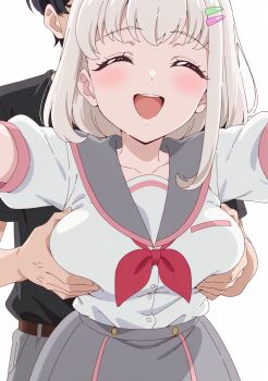 1boy 1girl aachan_(aacyanchi) black_hair black_shirt bow breasts closed_eyes clueless collarbone commentary_request cowboy_shot facing_viewer grabbing_another's_breast grey_pants grey_sailor_collar grey_skirt groping hair_ornament hairclip hetero highres kimi_to_idol_precure large_breasts open_mouth outstretched_arms pants precure purirun_(precure) red_bow sailor_collar shirt short_hair simple_background skirt smile spread_arms standing tanaka_purin white_background white_hair white_shirt