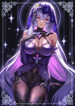 1girl bare_shoulders black_gloves black_swan_(honkai:_star_rail) black_thighhighs breasts brown_pantyhose card cleavage closed_mouth debbie_(debbielu9972) detached_sleeves dress gloves holding holding_card honkai:_star_rail honkai_(series) large_breasts long_hair pantyhose purple_dress purple_eyes purple_gloves purple_hair purple_sleeves purple_veil single_wide_sleeve smile solo thighhighs veil very_long_hair