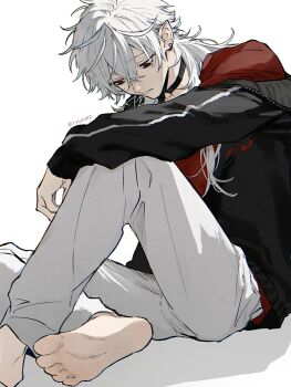 Rule 34 | 1boy, arm on knee, barefoot, black choker, black jacket, choker, closed mouth, hair between eyes, hashtag-only commentary, highres, jacket, kuzuha (1st costume) (nijisanji), kuzuha (nijisanji), long hair, long sleeves, looking down, male focus, mole, mole under eye, nijisanji, open clothes, open jacket, pants, pointy ears, red eyes, ryuyuep, shadow, sitting, virtual youtuber, white hair, white pants