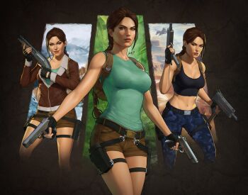 1girl braid braided_ponytail brown_eyes brown_hair dalejomej gun lara_croft solo tomb_raider weapon