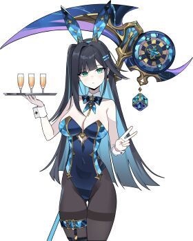 1girl abigail_(black_survival) abigail_(poker_face)_(black_survival) absurdres alcohol animal_ears bare_arms bare_shoulders belt black_hair black_leotard black_survival blue_bow blue_hair blue_hairband blue_leotard bow breasts champagne closed_mouth clothing_cutout colored_inner_hair commentary_request cup cutout_above_navel dalgam12 dice eternal_return:_black_survival fake_animal_ears gold_trim green_eyes hair_intakes hair_ornament hairband hairclip hand_up highleg highleg_leotard highres holding holding_scythe korean_commentary large_breasts leotard long_hair looking_at_viewer multicolored_hair official_alternate_costume pantyhose playboy_bunny revision scythe thigh_gap v weapon