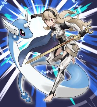 Rule 34 | 1girl, absurdres, armor, armored leotard, black gloves, black hairband, blue cape, breasts, cape, closed mouth, commentary, dragon, dragonair, english commentary, female corrin (fire emblem), fire emblem, fire emblem fates, gen 1 pokemon, gloves, grey hair, hair between eyes, hairband, head wings, highres, holding, holding sword, holding weapon, horns, leotard, long hair, looking at viewer, medium breasts, nintendo, pointy ears, pokemon, pokemon (creature), red eyes, siczak, single horn, smile, sword, tail, thighs, weapon, wings, yato (fire emblem)