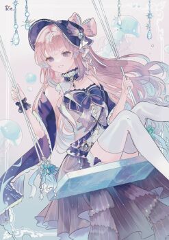 1girl alternate_costume bare_shoulders blue_gemstone bonnet bow bubble detached_collar dress frilled_cuffs frilled_hat frills gem genshin_impact gradient_hair hat highres jellyfish long_hair multicolored_hair on_swing pink_hair purple_eyes rie.sabilsd sangonomiya_kokomi shorts smile solo swing thighhighs white_shorts white_thighhighs