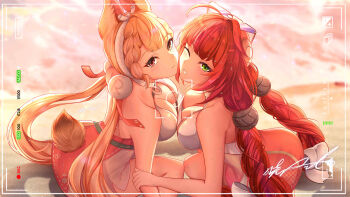 absurdres alice_thymefield alice_thymefield_(sea_of_thyme) animal_ears bare_shoulders bikini_top_under_shirt bikini_under_clothes blonde_hair blush breasts camera camera_view chest_bow dress_swimsuit green_eyes gxws hair_ornament hand_on_another's_arm hearing_aid heart heart-shaped_eyewear heterochromia highres hug long_hair looking_at_viewer low_twintails one-piece_swimsuit one_eye_closed pink_one-piece_swimsuit rabbit_ears rabbit_girl rabbit_tail recording red_eyes red_hair smile sphere_hair_ornament swimsuit tail teeth twintails two-tone_one-piece_swimsuit ukinami_yuzuha ukinami_yuzuha_(tanuki_in_broad_daylight) user_interface wet wet_hair yellow_eyes zenless_zone_zero