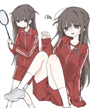 1girl basketball blush brown_eyes commentary half_updo highres holding jacket juumou_(c5buf) long_hair long_sleeves multiple_girls original pants racket red_jacket red_shorts shoes shorts sitting socks sportswear sweat tennis_racket track_jacket track_suit very_long_hair