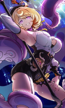 1girl accessories armpits ass blonde_hair breasts charm_(object) detached_sleeves galaxy_background glowing glowing_eyes hammer hat highres holding holding_weapon leaning_on_object leaning_on_weapon leg_wrap mole mole_under_mouth octopus purple_eyes short_hair smile tentacles thighs tuyumori_kaoru_(alilybell1241) weapon weapon_charm yidhari_murphy zenless_zone_zero