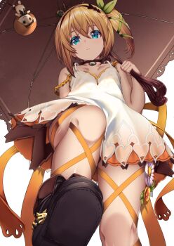 1girl black_choker blonde_hair blue_eyes choker closed_mouth dress edna_(tales) flower from_below green_ribbon hair_ribbon highres holding holding_umbrella leg_ribbon looking_at_viewer looking_down mad_(hazukiken) ribbon shoe_soles short_hair side_ponytail solo stepped_on tales_of_(series) umbrella white_background white_dress
