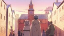 animated cape clock clock_tower elf fern_(sousou_no_frieren) frieren himmel_(sousou_no_frieren) jewelry long_hair pointy_ears ring short_hair smile sound sousou_no_frieren sunset tagme tower video