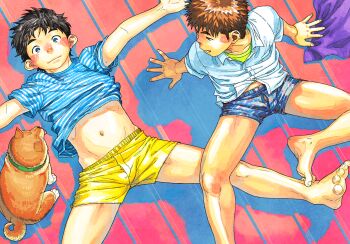 2boys barefoot blush dog feet looking_at_viewer lying male_focus multiple_boys shigeru_(shounen_zoom) shota slit smile tagme toes underwear undressing