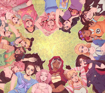 1boy 6+girls arm_up arms_up bare_arms black_dress black_gloves black_hair blonde_hair blue_dress braid breasts brown_hair bun_with_braided_base character_request check_character cigarette circle_formation closed_eyes crop_top dark-skinned_female dark-skinned_male dark_skin dragona_joestar dreadlocks dress erina_pendleton ermes_costello foo_fighters_(jojo) gloves green_hair green_lips grin hair_bun happy head_wreath hex_tails higashikata_kato highres hirose_yasuho hot_pants_(sbr) jojo_no_kimyou_na_bouken kujo_holy kuujou_jolyne leslove-draws lisa_lisa long_hair lucy_steel lying mariah_(jojo) medium_hair midriff multicolored_hair multiple_girls navel nijimura_kei on_back on_grass orange_dress orange_lips pink_hair pink_lips purple_dress purple_lips red_lips red_scarf scarf school_uniform serafuku shirt short_hair side_up_bun single_strap smile smoking streaked_hair striped_clothes striped_shirt sugimoto_reimi trap trish_una two-tone_hair vogue_(magazine) white_hair yamagishi_yukako