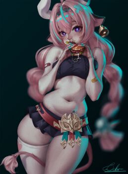 absurdres animal_ears bekus bell bell_earrings belly body_freckles braid burger cow_ears cow_girl cow_horns cow_tail ear_bell earrings eating food freckles genshin_impact highres holding holding_burger holding_food horns jewelry looking_at_viewer miniskirt multicolored_hair navel pink_hair single_thighhigh skirt tail thick_thighs thighhighs thighs twin_braids varesa_(genshin_impact) white_horns