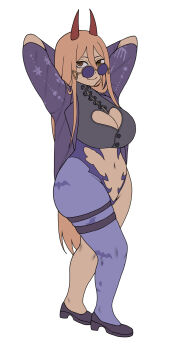 1girl alternate_costume arms_up blonde_hair breasts chainsaw_man clothing_cutout curvy freddyhalloween glasses heart_cutout highres horns large_breasts long_hair navel power_(chainsaw_man) smile solo sunglasses thick_thighs thighs