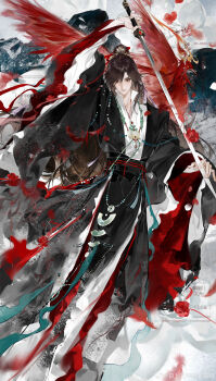 1boy absurdres adapted_costume aqua_shawl arm_up artist_request bead_necklace beads bird bishounen black_eyes black_hair black_hanfu black_sash brown_hair changmingsuo chinese_clothes chinese_commentary closed_mouth commentary_request commission falling_feathers falling_petals feathers fighting_stance flower full_body hagoromo hair_ribbon hanfu highres holding holding_sword holding_weapon jewelry jian_(weapon) long_hair long_sleeves looking_at_viewer male_focus modao_zushi necklace petals phoenix ponytail red_bird red_feathers red_flower red_petals red_ribbon red_rose red_sash red_shawl ribbon robe rose sash second-party_source shawl smile solo standing suibian_sword sword tassel very_long_hair watermark weapon wei_wuxian weibo_watermark wide_sleeves xiao_guan_(headdress) yaopei