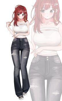 1girl absurdres akane_lize arm_under_breasts averting_eyes blush bracelet breasts closed_mouth collarbone commentary_request cross cross_earrings denim earrings full_body glint grey_eyes grey_pants hair_ornament hairclip hand_up highres jeans jewelry korean_commentary large_breasts long_hair multicolored_hair pants pigeon-toed playing_with_own_hair red_hair shirt shoes sneakers solo stellive straight-on strapless strapless_shirt streaked_hair thigh_gap torn_clothes torn_pants virtual_youtuber white_background white_shirt yongeung2 zoom_layer