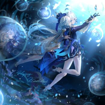 2girls absurdres ahoge blue_eyes blue_gemstone blue_hair blue_hat blue_jacket caisena closed_mouth cowlick dress focalors_(genshin_impact) full_body furina_(genshin_impact) gem genshin_impact gloves hair_between_eyes hat highres jacket juliet_sleeves long_hair long_sleeves multicolored_hair multiple_girls puffy_sleeves smile top_hat white_hair