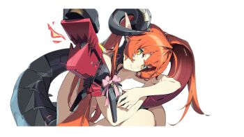 1girl closed_mouth dragon_horns green_eyes highres horns long_hair looking_at_viewer magus_(zenless_zone_zero) mechanical_tail mindscape_cinema_(zenless_zone_zero) nude official_art orange_hair orange_pupils orphie_magnusson pointy_ears sitting smile solo tail transparent_background zenless_zone_zero