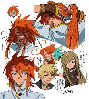 Rule 34 | 1girl, 2boys, bare shoulders, blonde hair, blue eyes, brown dress, brown gloves, brown hair, choker, closed mouth, commentary request, creature, cutting hair, cutting own hair, dress, fingerless gloves, gloves, green choker, green eyes, grgrton, guy cecil, highres, holding, holding knife, holding own hair, jacket, knife, long hair, luke fon fabre, mieu (tales), multiple boys, multiple views, open mouth, popped collar, red hair, short hair, sidelocks, sleeveless, sleeveless dress, speech bubble, spiked hair, swept bangs, tales of (series), tales of the abyss, tear grants, translation request, upper body, white jacket