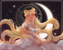 Rule 34 | 1girl, absurdres, artist name, bishoujo senshi sailor moon, blonde hair, closed eyes, commentary, crescent, crescent facial mark, dress, eleanorgrootch, eyeshadow, facial mark, highres, jewelry, long hair, makeup, necklace, orange eyeshadow, red lips, solo, strapless, strapless dress, tsukino usagi, twintails, upper body, very long hair