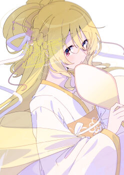 Rule 34 | 1girl, blonde hair, blush, closed mouth, commentary request, hair between eyes, hair ribbon, highres, japanese clothes, kimono, long hair, long sleeves, looking at viewer, magia record: mahou shoujo madoka magica gaiden, mahou shoujo madoka magica, obi, orange sash, red eyes, ribbon, sash, serizawa serizane, simple background, solo, togame momoko, upper body, watermark, white background, white kimono, white ribbon, wide sleeves