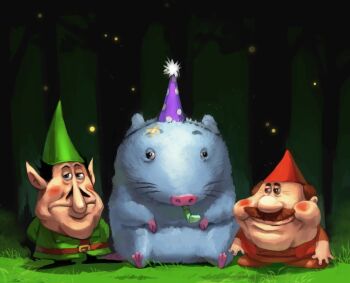 Rule 34 | 2boys, bandaid, bandaid on head, brick (pizza tower), day, derivative work, fireflies, frown, full body, gnome hat, gustavo (pizza tower), hat, ketrindarkdragon, lario (meme), male focus, meme, mouse (animal), multiple boys, outdoors, party hat, party horn, peppino spaghetti, pizza tower, screenshot redraw, sitting, smile, standing, wall-eyed