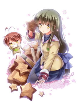 Rule 34 | 1boy, 1girl, antenna hair, arm up, bandaged fingers, bandaged hand, bandages, black pantyhose, blue bow, blue skirt, bow, breasts, brown hair, chibi, chibi inset, chinese commentary, cigarette, clannad, commentary request, full body, furukawa akio, green hair, grin, hair between eyes, hair bow, holding, holding star, ibuki fuuko, jacket, light blush, lliissaawwuu2, long hair, long sleeves, looking at viewer, miniskirt, open mouth, pantyhose, pleated skirt, sailor collar, school uniform, short hair, simple background, sitting, skirt, small breasts, smile, star (symbol), starfish, v-shaped eyebrows, very long hair, white background, white sailor collar, yellow eyes, yellow jacket, yokozuwari