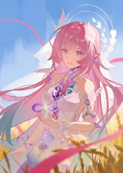 1girl ahlo amphoreus_(honkai:_star_rail) bare_shoulders blue_sky breasts buladeqingjiaosang chinese_commentary commentary_request cyrene_(honkai:_star_rail) cyrene_(ripples_of_past_reverie)_(honkai:_star_rail) diamond-shaped_pupils diamond_(shape) dress highres honkai:_star_rail honkai_(series) large_breasts long_hair looking_at_viewer mobius_strip outdoors pink_hair pointy_ears purple_eyes sky smile solo symbol-shaped_pupils very_long_hair wheat wheat_field white_dress