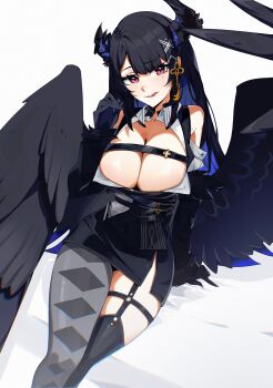1girl asymmetrical_horns black_gloves black_hair blue_hair breasts cleavage colored_inner_hair demon_horns gloves hashtag-only_commentary highres hololive hololive_english horns large_breasts licking_lips long_hair mole mole_under_eye multicolored_hair nerissa_ravencroft nerissa_ravencroft_(1st_costume) red_eyes rhheeaaart shirt smile solo thighhighs thighs tongue tongue_out uneven_horns virtual_youtuber wings