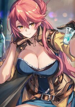 1girl bar_counter bottle breasts brown_gloves cleavage cup double-parted_bangs drinking_glass eiyuu_densetsu gloves hair_between_eyes highres holding holding_cup large_breasts long_hair long_sidelocks looking_at_viewer pink_hair ponytail sakazuki_sudama sara_valestein sen_no_kiseki_(series) shot_glass sidelocks sitting smile solo yellow_eyes