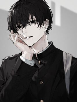 1boy absurdres bag black_eyes black_hair black_jacket blurry buttons chainsaw_man chinese_commentary ear_piercing earrings empty_eyes gakuran grey_background hair_between_eyes hand_on_own_cheek hand_on_own_face hand_up head_rest highres jacket jewelry long_sleeves looking_at_viewer male_focus mole mole_under_eye mole_under_mouth nidexintu parted_lips piercing school_uniform short_hair shoulder_bag simple_background smile solo teeth upper_body yoshida_hirofumi