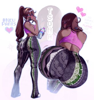 1girl artist_self-insert ass ass_focus back bell-bottoms breasts brown_hair cellphone commentary dark-skinned_female dark_skin english_commentary english_text eyeshadow forbidden_pants from_behind full_body hairband high_ponytail highres holding holding_phone huge_ass long_hair looking_back makeup medium_breasts multiple_views nyantcha original pants phone pink_sports_bra ponytail smartphone sports_bra thick_thighs thighs tsona_(nyantcha) very_dark_skin
