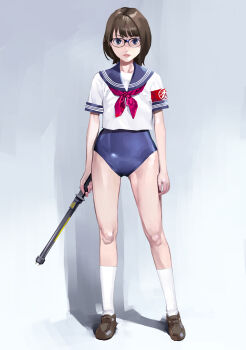 1girl armband arms_at_sides baton_(weapon) blouse blue-framed_eyewear blue_eyes blue_one-piece_swimsuit blue_sailor_collar bob_cut brown_hair brown_shoes closed_mouth electro_shock_prod electroshock_weapon full_body glasses highres holding holding_weapon inamitsu_shinji kneehighs legs legs_apart less-than-lethal_weapon lips loafers looking_at_viewer neckerchief no_pants one-piece_swimsuit original paid_reward_available red_neckerchief sailor_collar school_swimsuit school_uniform serafuku shirt shoes short_hair short_sleeves sleeve_cuffs socks solo standing stun_baton swimsuit swimsuit_under_clothes tareme weapon white_shirt white_socks