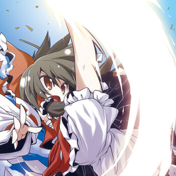 1girl akaneya bloomers bow brown_eyes brown_hair deformed female_focus gradient_background hair_bow hakurei_reimu kicking open_mouth sarashi solo touhou underwear
