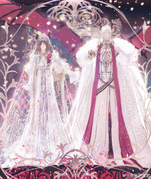 Rule 34 | 1boy, 1girl, absurdres, belt, black belt, black horns, body chain, border, brooch, brown hair, cape, chinese commentary, circlet, coat, collared coat, corsage, cowboy shot, curtained hair, dragon boy, dragon horns, dragon wings, dress, ear covers, empire waist, faceless, faceless female, faceless male, facing viewer, falling petals, fashion, field, flower, flower field, full body, fur-trimmed cape, fur trim, gem, gold trim, gown, head chain, highres, horns, jewelry, juliet sleeves, kokoshnik, lapels, light particles, long coat, long dress, long hair, long sleeves, love and deepspace, male focus, neck ribbon, necklace, ornate border, padded shirt, parted bangs, pearl (gemstone), pearl necklace, petals, puffy sleeves, red flower, red gemstone, red ribbon, red scarf, red wings, ribbon, scarf, see-through clothes, see-through veil, shirt, shoulder necklace, side-by-side, sideways glance, smile, snow234, solo, standing, stole, straight-on, sylus (love and deepspace), veil, vest, watermark, weibo watermark, white cape, white coat, white dress, white hair, white shirt, white veil, white vest, wing brooch, wings, yellow scarf