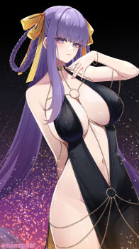 1girl bare_shoulders bb_(fate) bb_dubai_(fate) belly_chain black_dress blush bracelet braid braided_hair_rings breasts cleavage dress fate/grand_order fate_(series) hair_ribbon hair_rings highres ironatsuki jewelry large_breasts long_hair looking_at_viewer necklace plunging_neckline purple_eyes purple_hair revision ribbon side_slit solo thighs twin_braids very_long_hair yellow_ribbon