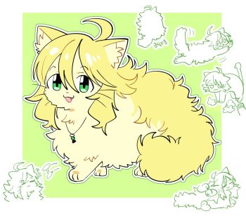 :3 animal animal_ear_fluff animal_focus animalization blonde_hair border cat fang full_body green_background green_eyes hair_between_eyes hoshii_miki idolmaster idolmaster_(classic) jewelry long_hair looking_at_viewer millcookie_pro necklace no_humans open_mouth outline simple_background solo_focus white_border white_outline yellow_cat