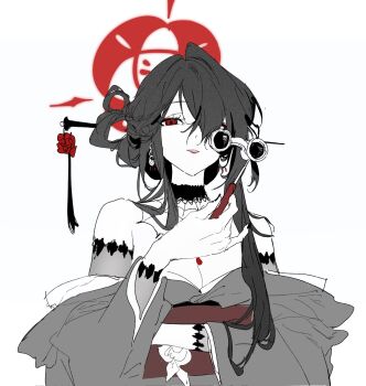 1girl blue_archive eyeliner goth_fashion grey_kimono hair_ornament hair_stick halo highres japanese_clothes kimono kokuriko_(blue_archive) makeup opera_glasses red_eyeliner red_halo red_lips solo spider_web_pattern upper_body yu-y_(824412)