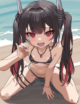 1girl absurdres azur_lane beach bikini black_bikini black_hair breasts colored_inner_hair fellatio_gesture flat_chest hatsuzuki_(august&#039;s_first_romance)_(azur_lane) hatsuzuki_(azur_lane) highres horns jewelry long_hair looking_at_viewer multi-strapped_bikini_bottom multicolored_hair navel necklace ocean official_alternate_costume open_mouth outdoors pseudo_k red_eyes red_hair sand sitting small_breasts solo swimsuit twintails two-tone_hair wariza