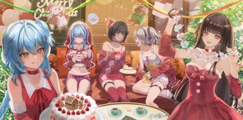 5girls :q abby_(wuthering_waves) absurdres balloon bare_shoulders black_hair blue_hair bow breasts buling_(wuthering_waves) cake camellya_(wuthering_waves) chisa_(wuthering_waves) choker closed_mouth commentary crop_top cup dress earmuffs english_commentary female_rover_(wuthering_waves) food grey_hair hair_between_eyes hair_bow hair_ribbon highres holding holding_cup holding_stuffed_toy indoors long_hair looking_at_another medium_breasts merry_christmas midriff multiple_girls namipon_(wuthering_waves) open_mouth pink_bow red_choker red_dress red_ribbon red_thighhighs ribbon rover_(wuthering_waves) shirt shorekeeper_(wuthering_waves) shorts signature smile stuffed_animal stuffed_toy thigh_strap thighhighs thighs tongue tongue_out white_shirt white_shorts wuthering_waves yilubixi