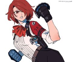 Rule 34 | 1girl, armband, belt, belt buckle, black gloves, bow, bowtie, buckle, clenched hands, collared shirt, commentary request, cosplay, dated, evoker, fighting stance, gekkoukan high school uniform, gloves, highres, holster, kirijou mitsuru, korean commentary, lcs 0209, parted lips, persona, persona 3, persona 3 reload, red armband, red bow, red bowtie, s.e.e.s, sanada akihiko, sanada akihiko (cosplay), school uniform, serious, shirt, simple background, sleeves rolled up, solo, spiked knuckles, twitter username, upper body, white background, white shirt
