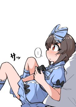 Rule 34 | ..., 1boy, ayumu (fun bo), black bow, blue bow, blue bowtie, blue dress, blue sailor collar, blue socks, blush, bow, bowtie, brown hair, closed mouth, commentary, controller, crossdressing, crossdressing (mtf), dress, dress bow, embarrassed, frilled bow, frilled dress, frilled sailor collar, frilled socks, frills, from side, fun bo, game controller, hair bow, highres, holding, holding controller, holding game controller, kneehighs, large bow, looking ahead, male focus, original, profile, puffy short sleeves, puffy sleeves, red eyes, sailor collar, shirt tug, short hair, short sleeves, simple background, sitting, sleeve bow, socks, solo, speech bubble, spoken ellipsis, sweatdrop, translation request, white background