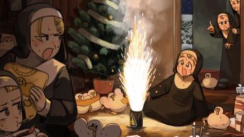 5girls :o bandaid bandaid_on_face bird blonde_hair blue_eyes brown_hair candle cat chicken chili_pepper christmas_tree clumsy_nun_(diva) commentary cup diva_(hyxpk) duck english_commentary froggy_nun_(diva) highres holding holding_cup leaf_nun_(diva) little_nuns_(diva) mole mole_on_cheek mug multiple_girls nervous_sweating nun pointing sign snow spicy_nun_(diva) spit_take spitting strict_nun_(diva) sweat traditional_nun triangle_mouth warning_sign yellow_eyes