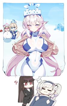 4girls ? absurdres alternate_breast_size_(larger) black_hair blanket blonde_hair blue_archive blue_eyes blue_halo blush bodysuit breasts closed_eyes ddg160 dreaming gloves halo highres himari_(armed)_(blue_archive) himari_(blue_archive) jacket large_breasts long_hair lying momoi_(blue_archive) multicolored_halo multiple_girls official_alternate_costume pointy_ears red_eyes rio_(blue_archive) sleeping smile toki_(armed)_(blue_archive) toki_(blue_archive) two-tone_halo under_covers white_bodysuit white_hair white_halo white_jacket