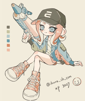 1girl artist_name baseball_cap black_hat blue_eyes blue_jacket bright_pupils closed_mouth color_guide commentary_request cross-laced_shoes dolphin_shorts gun hat highres holding holding_gun holding_weapon invisible_chair jacket long_hair looking_at_viewer nintendo octoling octoling_girl octoling_player_character osakanagumi11 pink_hair pink_shoes pink_trim print_hat shirt shoes shorts simple_background sitting smile solo splatoon_(series) splatoon_3 splattershot_pro_(splatoon) star-shaped_pupils star_(symbol) symbol-shaped_pupils tentacle_hair twitter_username weapon white_background white_pupils white_shirt