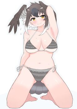 1girl arm_behind_head armpits bikini black_hair blush bodysuit breasts brown_hair brown_wings closed_mouth commentary_request feathered_wings full_body grey_bodysuit head_wings highres illu_(illu_stratos) kemono_friends kneeling large_breasts looking_at_viewer mountain_hawk-eagle_(kemono_friends)_(illu_(illu_stratos)) navel original short_hair simple_background smile solo striped_bikini striped_clothes swimsuit white_background white_hair wings