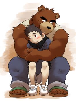 2boys animal_ears bara bear_boy bear_ears biceps black_hair blue_jacket blue_pants blush brown_fur closed_mouth commentary_request furry furry_male furry_with_non-furry highres hug interspecies jacket juuichi_mikazuki looking_at_another looking_to_the_side male_focus morenatsu multiple_boys nishimura_hiroyuki_(morenatsu) pants shirako_(kirupi) tank_top track_jacket track_pants white_tank_top yaoi