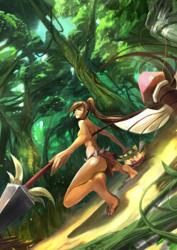 1girl barefoot blood breasts cleavage crying dada_pig dutch_angle fisheye foreshortening forest highres league_of_legends long_hair midriff nature nidalee perspective polearm ponytail soles spear squatting tears teemo toes topless_female tree tribal ward_(league_of_legends) weapon