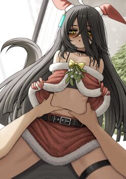 1girl 1other absurdres ahoge animal_ears bags_under_eyes belt black_bra black_hair bow bra choker commentary fur-trimmed_headwear fur-trimmed_skirt fur_trim hat highres horse_ears horse_girl horse_tail lobsteranian manhattan_cafe_(umamusume) multicolored_hair navel open_mouth pov pov_hands red_skirt ribs santa_costume santa_hat skirt straddling suspicious_egg_dish tail thigh_strap torso_grab umamusume underwear white_hair yellow_bow yellow_eyes